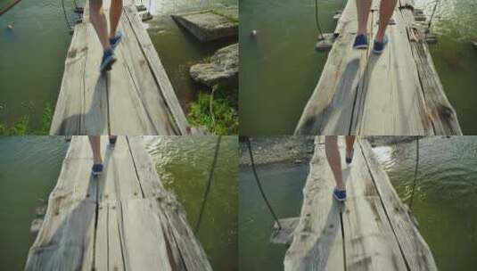 男人走在木桥上脚步特写高清在线视频素材下载