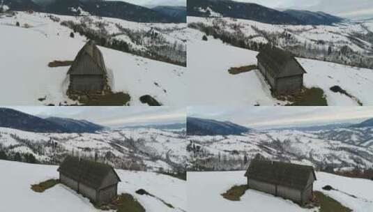 雪山山顶上的小木屋高清在线视频素材下载