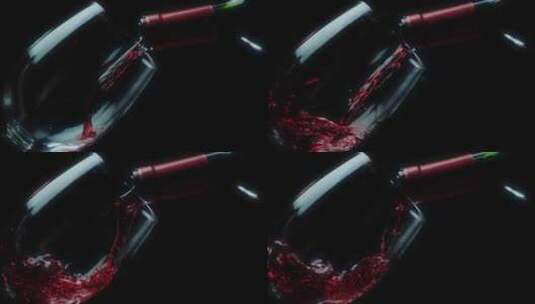 倾斜的玻璃杯在装满红酒的黑色背景上高清在线视频素材下载
