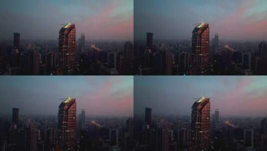 最新上海地标建筑朝霞似火航拍4K高清在线视频素材下载