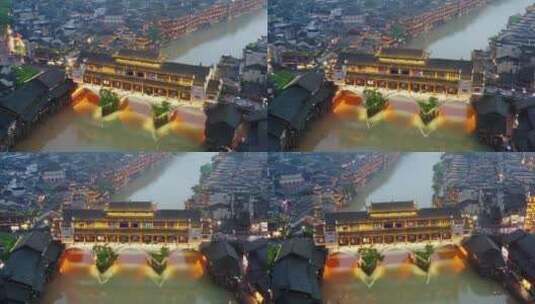 湖南凤凰古城夜景航拍4K视频高清在线视频素材下载
