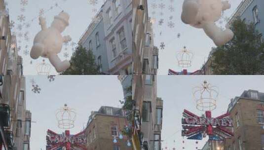 伦敦卡纳比街上方圣诞装饰品的特写高清在线视频素材下载