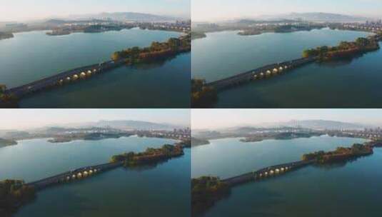 杭州湘湖政和桥秋色晨曦航拍高清在线视频素材下载