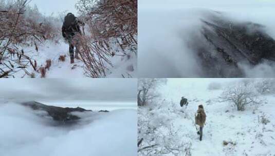 秦岭分水岭顶东佛沟雪景中奔跑的人物背影高清在线视频素材下载