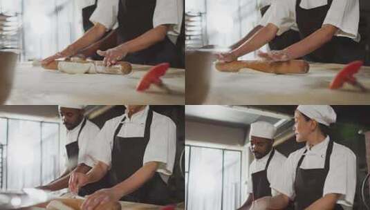 亚洲女面包师滚动面包酸面团的手的动画高清在线视频素材下载