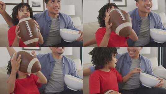 快乐的混血儿和他的儿子一起看美式足球比赛高清在线视频素材下载