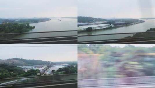 高铁动车火车视角沿途窗外风景江景高清在线视频素材下载