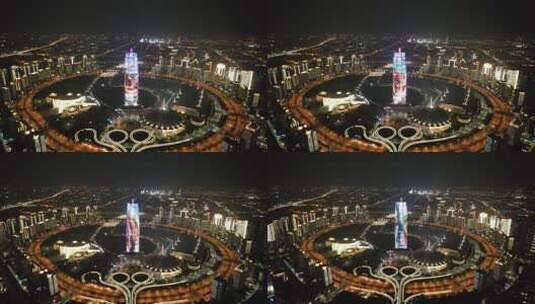 河南郑州千禧广场大玉米夜景航拍高清在线视频素材下载