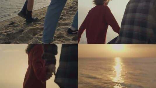 情侣在夕阳的海边漫步【原创可商用】高清在线视频素材下载