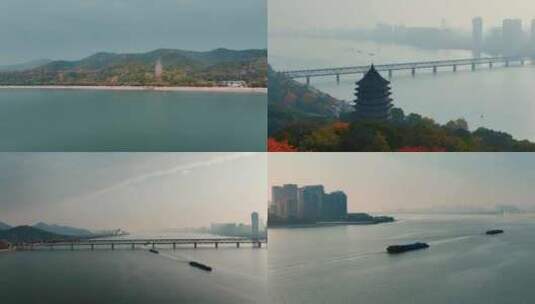 杭州六和塔与钱塘江大桥航拍高清在线视频素材下载