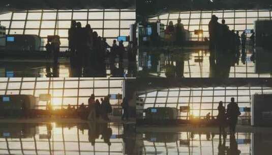 夕阳黄昏下的机场登机的人高清在线视频素材下载