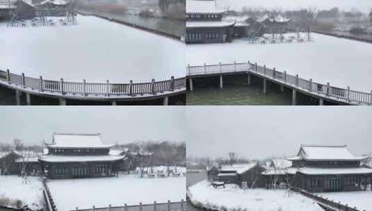 航拍北湖湿地公园雪景湖泊古建筑江南下雪高清在线视频素材下载