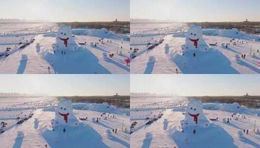 中国黑龙江哈尔滨钻石海大雪人航拍高清在线视频素材下载