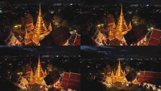 泰国清迈古城帕辛寺航拍城市夜景风光高清在线视频素材下载