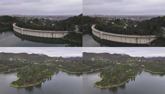 城市航拍加州洛杉矶好莱坞水库水坝高清在线视频素材下载
