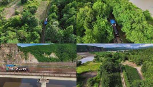 大峡谷 山 河流 陡峭山峰 航拍绥芬河小火车高清在线视频素材下载