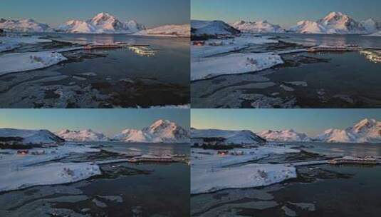 挪威罗弗敦群岛北极圈雷纳冬季雪景高空航拍高清在线视频素材下载