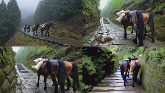 山间道路上马匹驮运货物高清在线视频素材下载