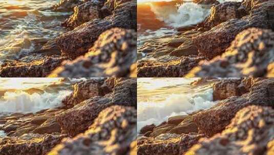 夕阳下海浪拍打岩石景观高清在线视频素材下载