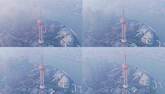 4k实时航拍上海外滩陆家嘴平流雾日出高清在线视频素材下载
