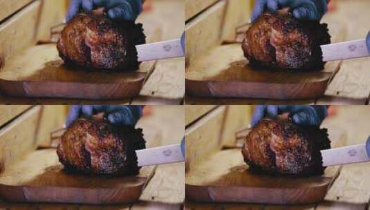 切割牛肉特写镜头高清在线视频素材下载