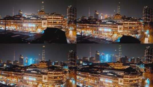 上海豫园夜景航拍高清在线视频素材下载