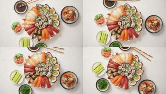特写圆形陶瓷板上的寿司卷高清在线视频素材下载