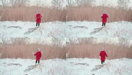 冬天在公园芦苇丛里玩雪的中国女孩形象高清在线视频素材下载
