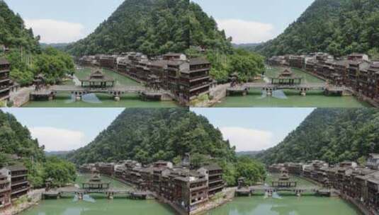 航拍湖南湘西凤凰古城著名旅游景点高清在线视频素材下载