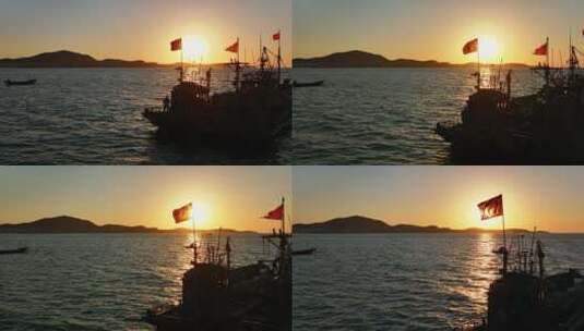 航拍唯美渔船夕阳高清在线视频素材下载