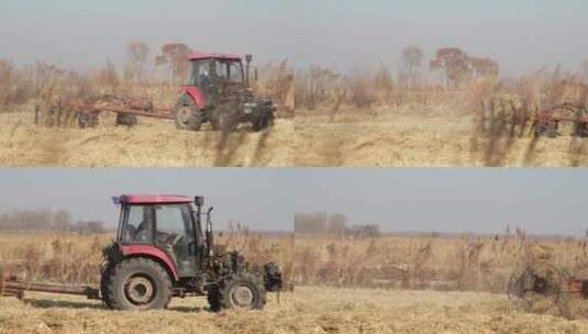 拖拉机四轮子旋转耙翻小麦秸秆搂草机高清在线视频素材下载