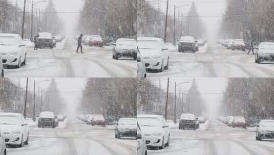 暴雪城市街道上停放的汽车 匆匆走过的行人高清在线视频素材下载