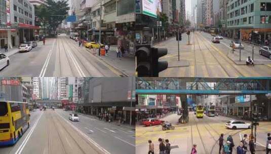 有轨电车上拍摄 香港道路大街的车辆行人高清在线视频素材下载