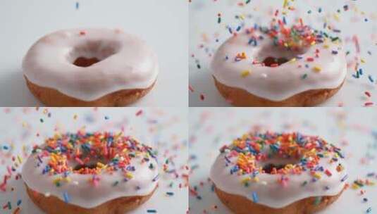 彩虹糖撒在甜甜圈上超慢镜头高清在线视频素材下载