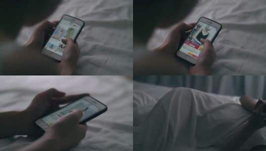 美女晚上躺在床上玩手机逛淘宝4k视频素材高清在线视频素材下载