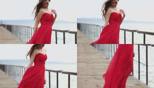 女子身着红色连衣裙摆拍高清在线视频素材下载