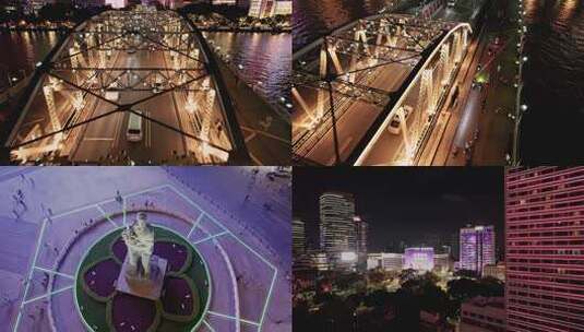 广州海珠桥百年跨江钢筋大桥夜景航拍4K视频高清在线视频素材下载