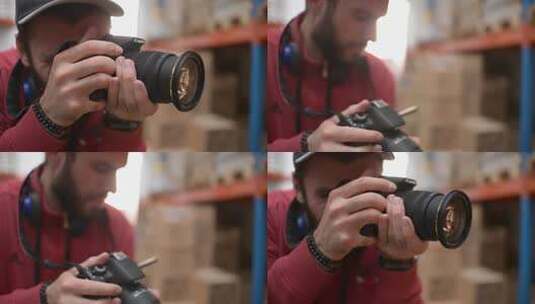 男子摄影师与Photo Camera Canon在时尚会议上合作高清在线视频素材下载