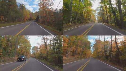 汽车行驶在秋季森林公路上POV第一视角旅游高清在线视频素材下载