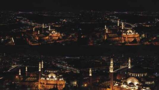 苏莱曼尼耶清真寺和伊斯坦布尔城市夜景高清在线视频素材下载