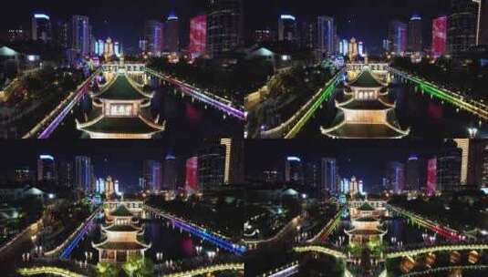 贵州贵阳南明河甲秀楼夜景航拍高清在线视频素材下载