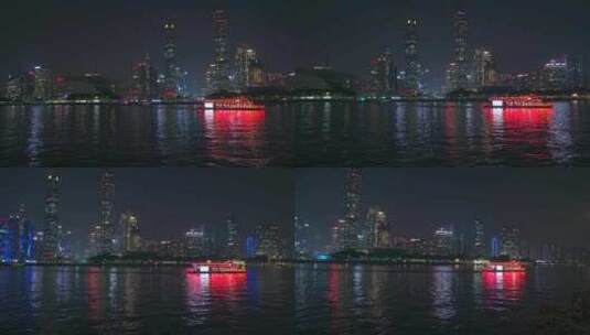 广州珠江游船码头与城市摩天大楼夜景灯光高清在线视频素材下载