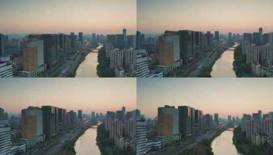 杭州大运河河畔环城北路夕阳航拍高清在线视频素材下载