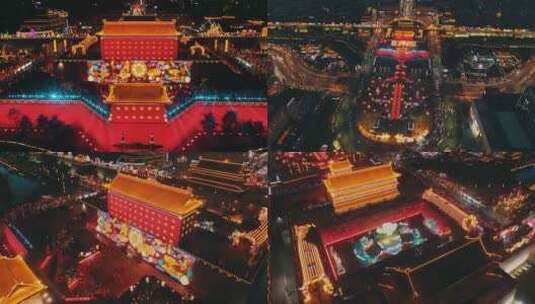 西安城墙永宁门新年灯会灯光秀航拍合集高清在线视频素材下载