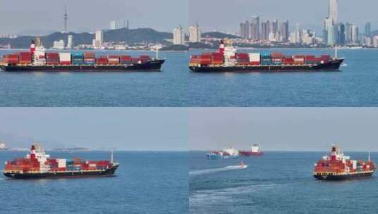 青岛远洋货轮出港航拍摄影高清在线视频素材下载