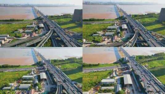 杭州钱塘江九堡大桥航拍风景视频素材高清在线视频素材下载