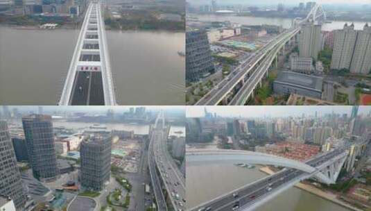 上海市黄浦江卢浦大桥车流船只延时风景视频高清在线视频素材下载