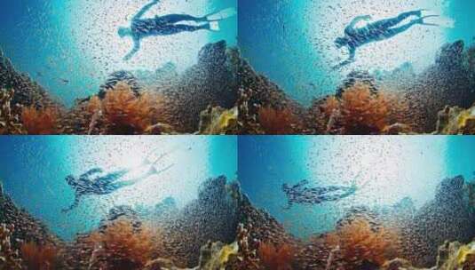 自由潜水员在靠近珊瑚礁的水下滑行高清在线视频素材下载
