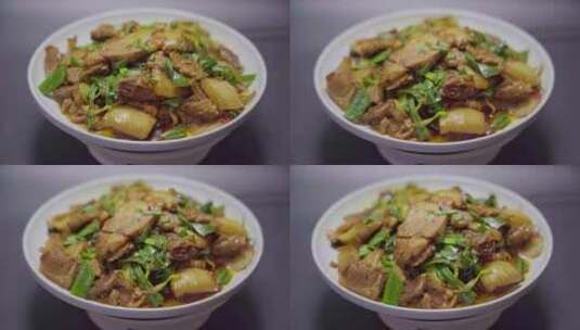 美食川菜蒜苗回锅肉成品展示高清在线视频素材下载