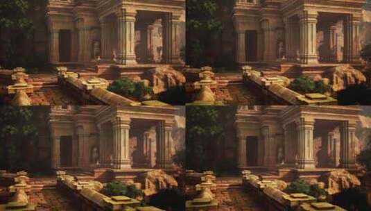 丛林中有多根柱子的古代寺庙遗址高清在线视频素材下载